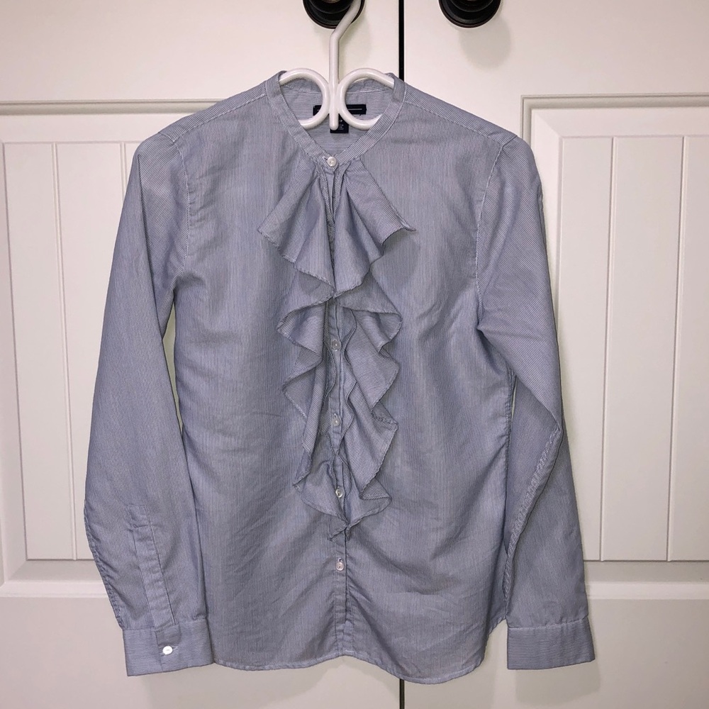 GAP Light Blue Strip Ruffle Front Button Up Blouse Cotton blend - S